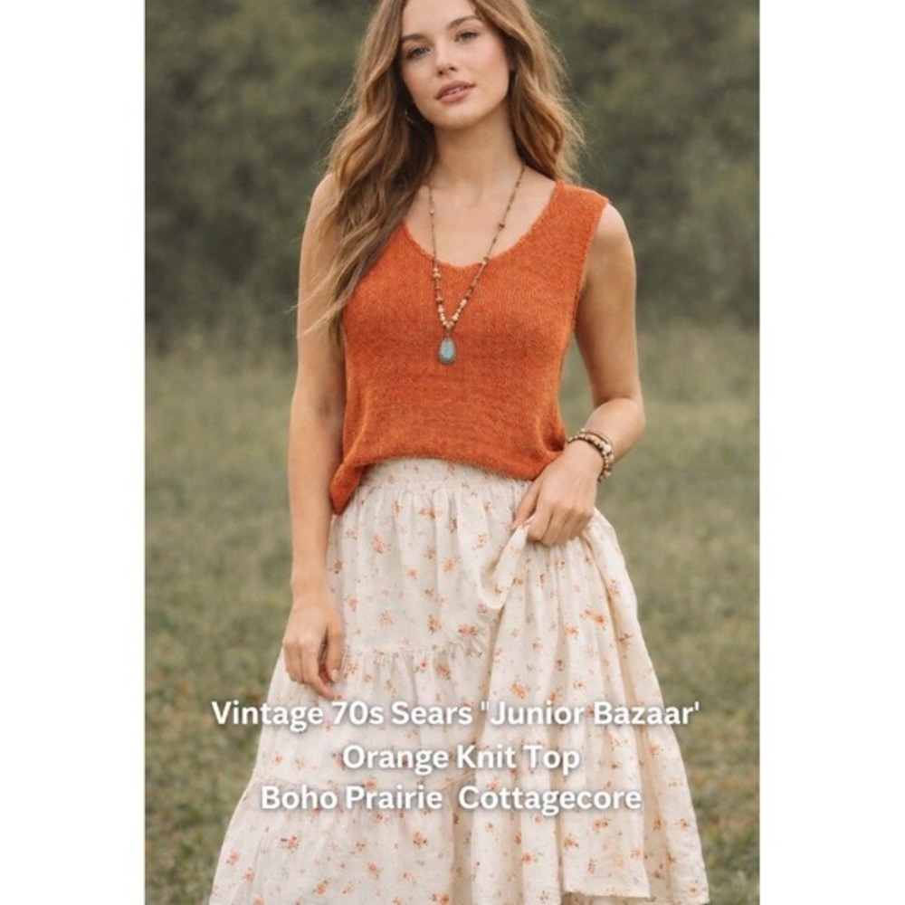 Vintage 70s Sears Junior Bazaar Orange Knit  Top Made in Italy Linen Blend Large